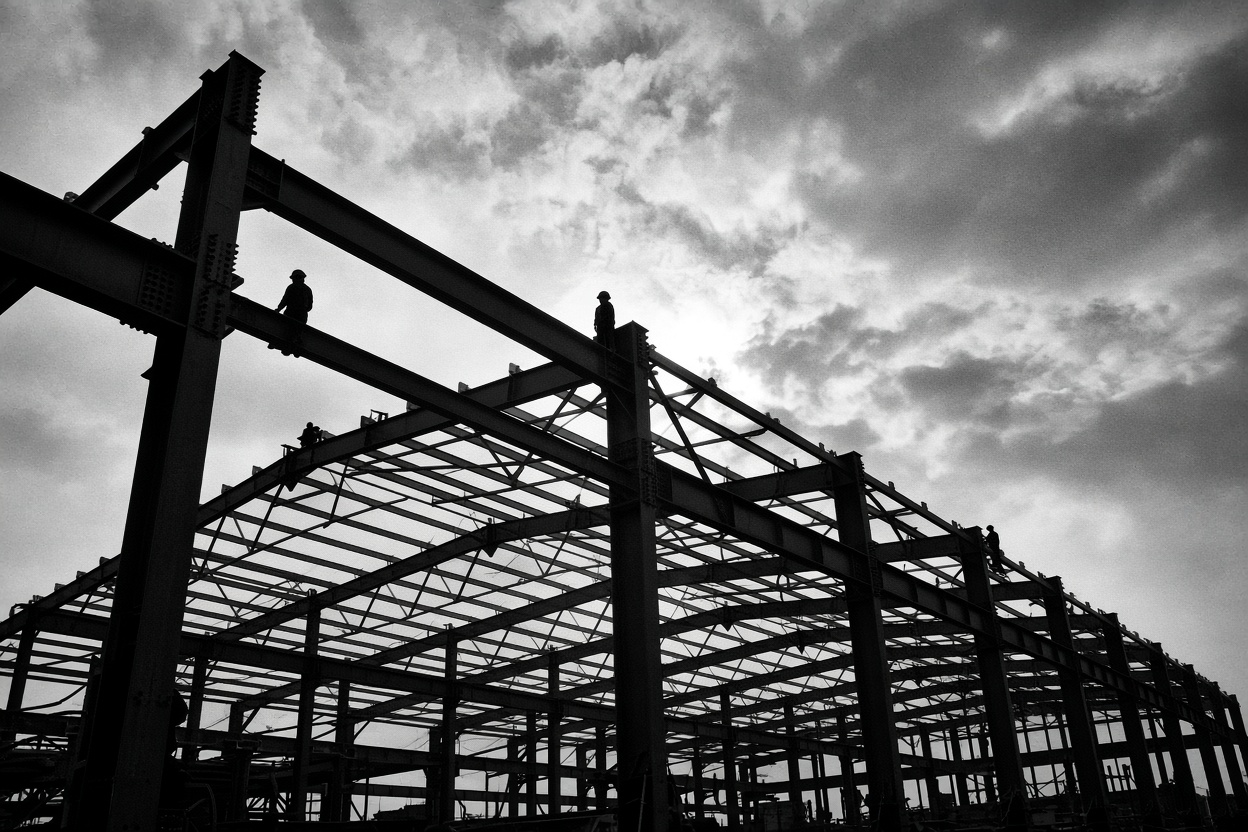 Steel structure of a data center hall under construction